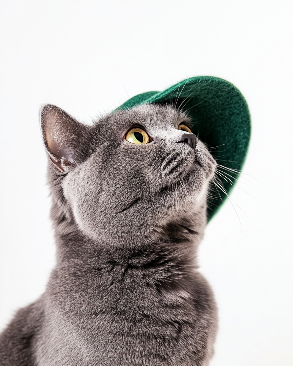 A chubby cat in a hat, happily looking.