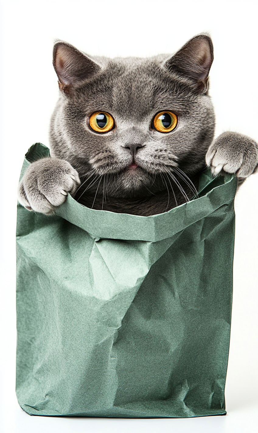 A chubby cat peeks out of green bag.