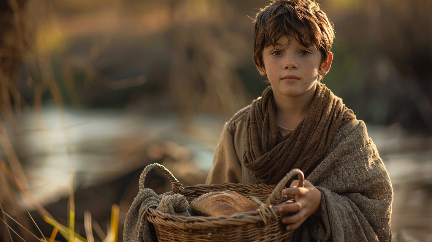 A cinematic photo of boy bringing lunch to Jesus.