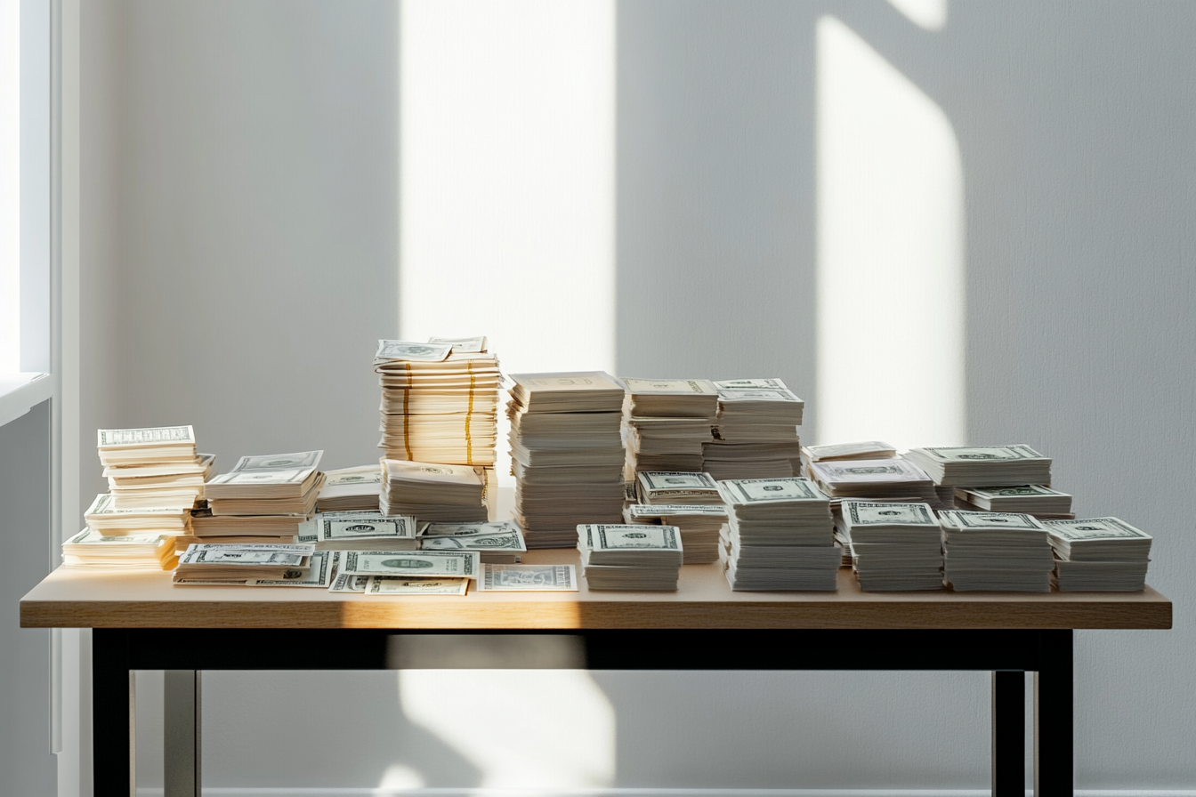 A clean table with neatly stacked money piles