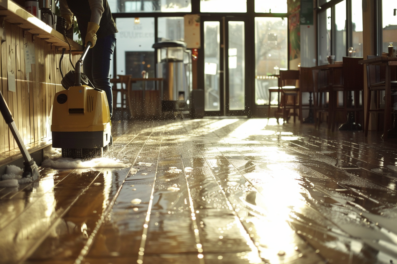 A cleaner using a wet vacuum in cafe