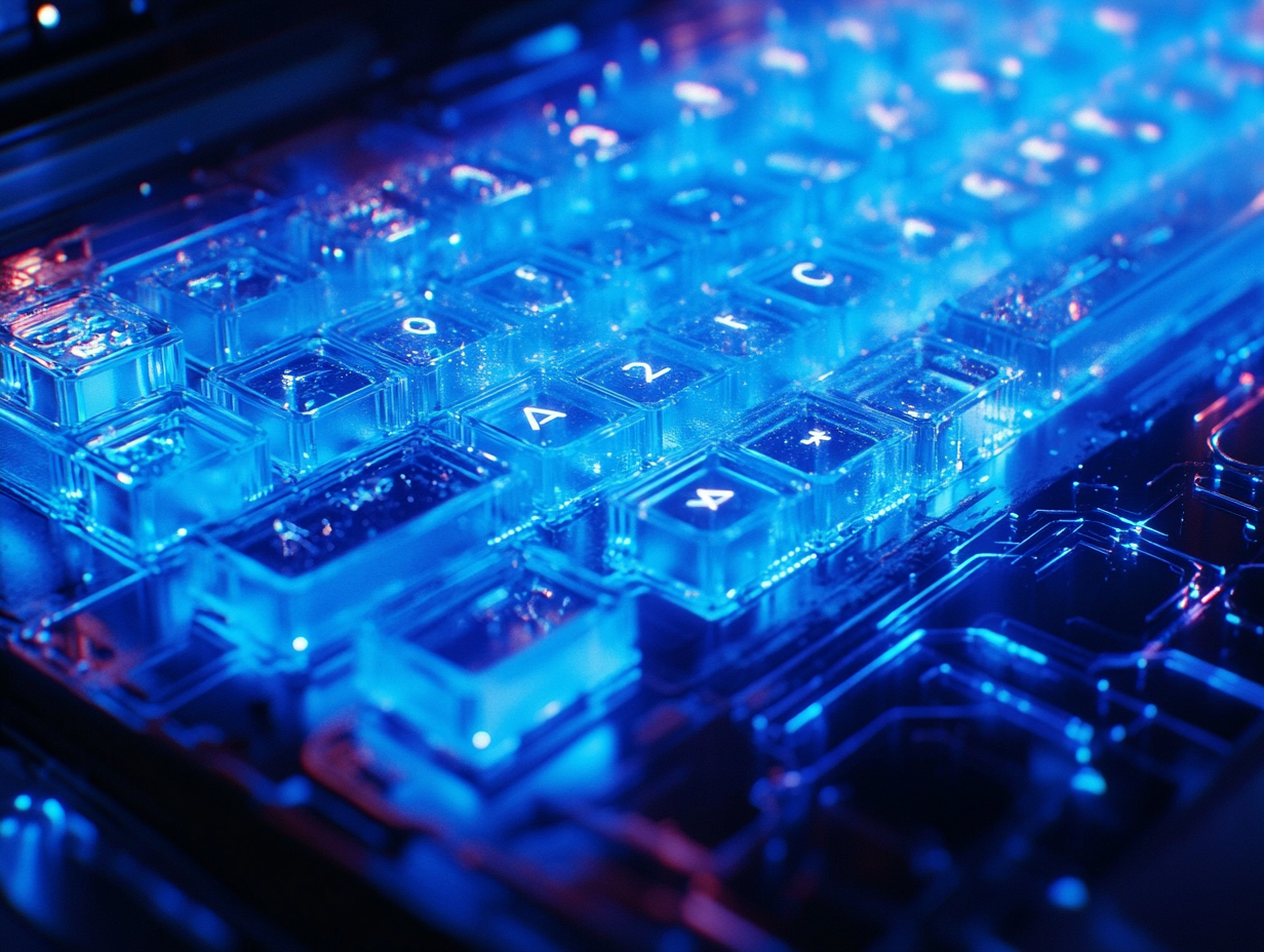 A close-up blue glowing keyboard on laptop.