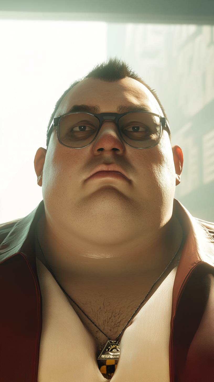 A close-up image of a fat American nerd