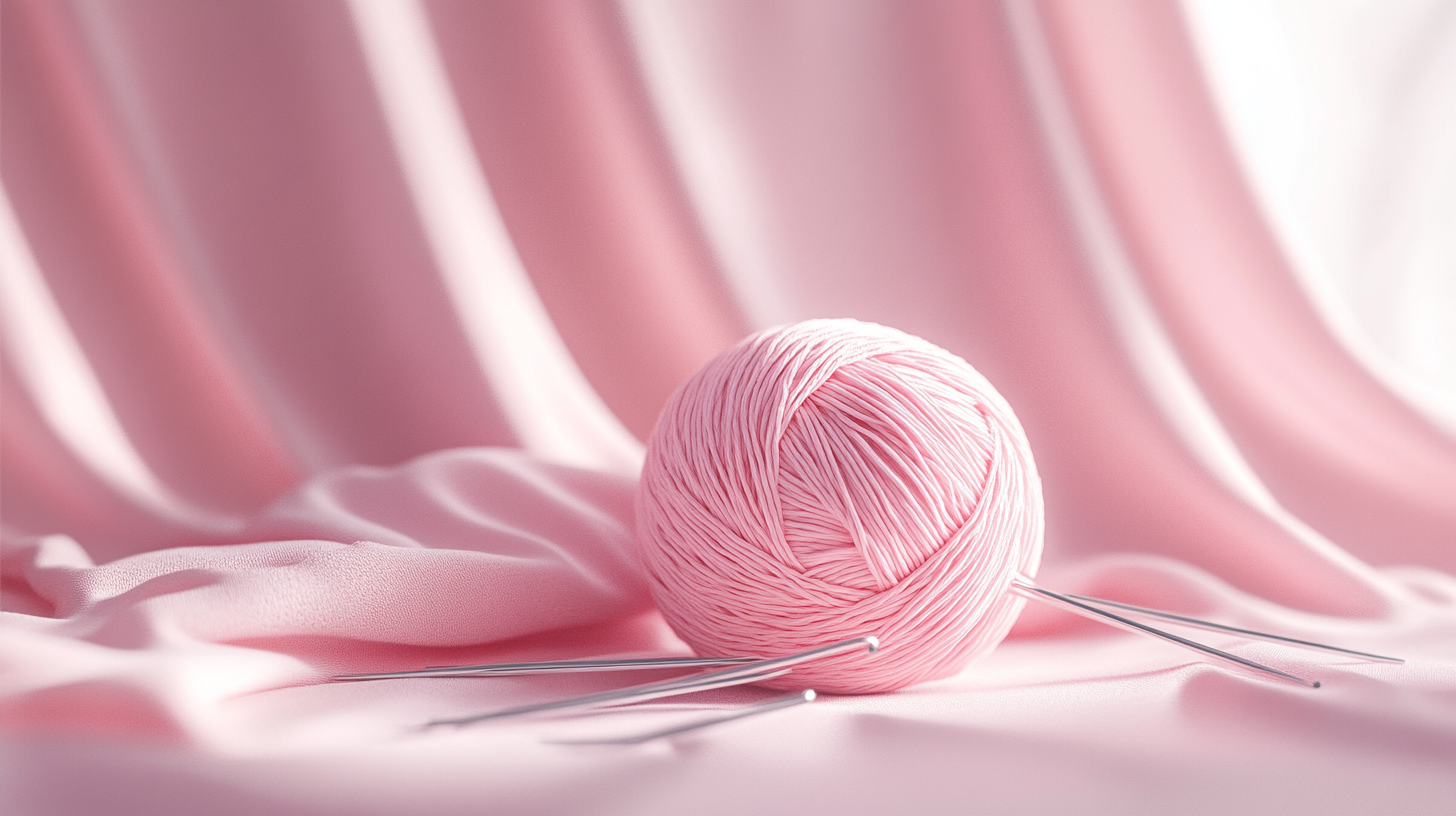 A close-up of pink wool with silver needles.