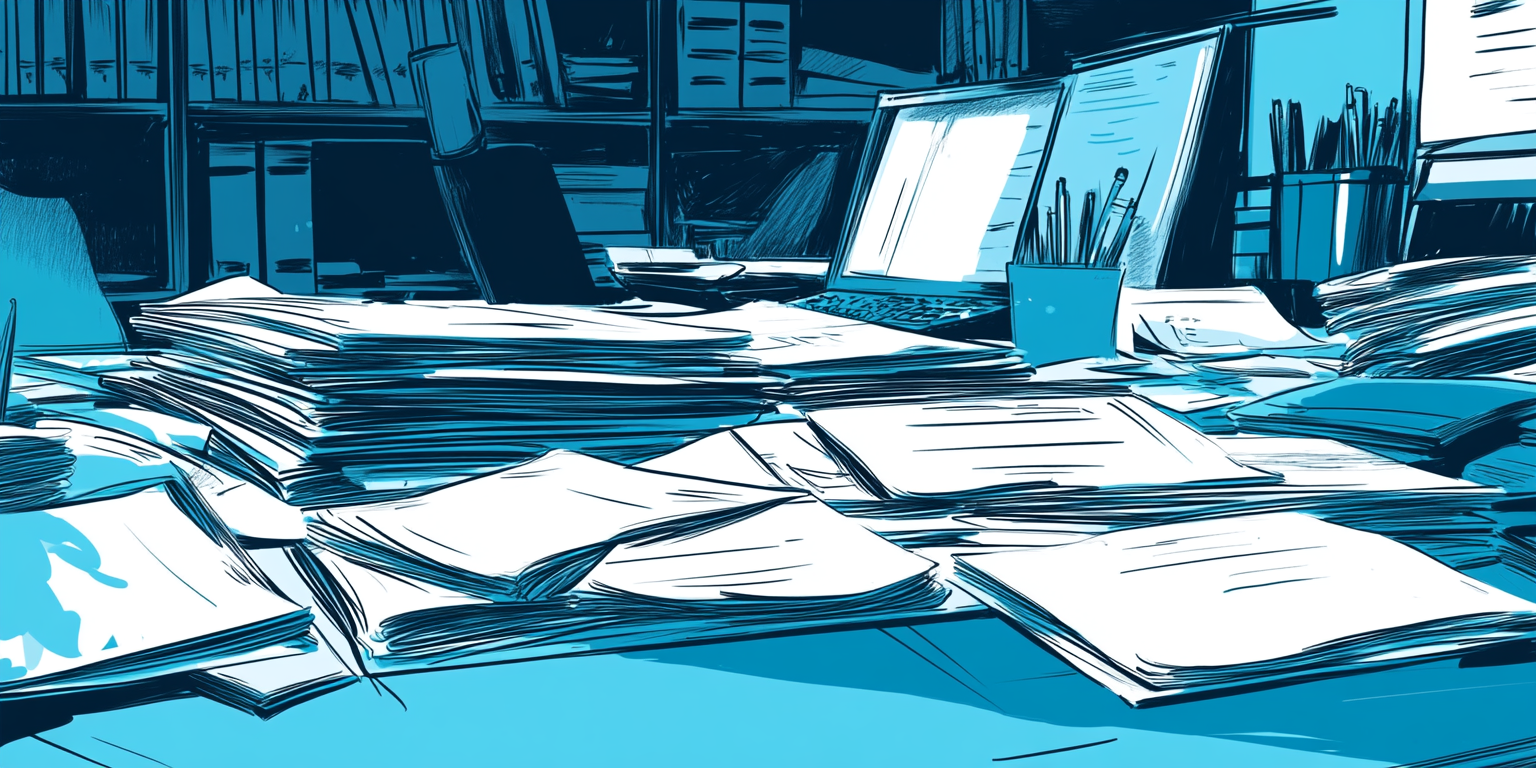 Cluttered desk in turquoise and blue tones in 2D Comic Book Style