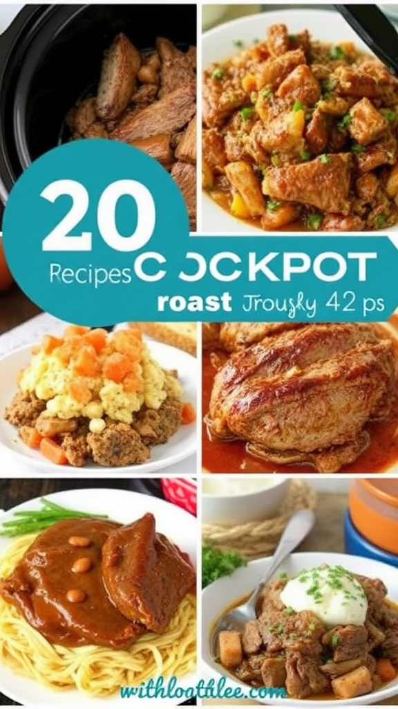 A collage of 20 crockpot roast recipes.