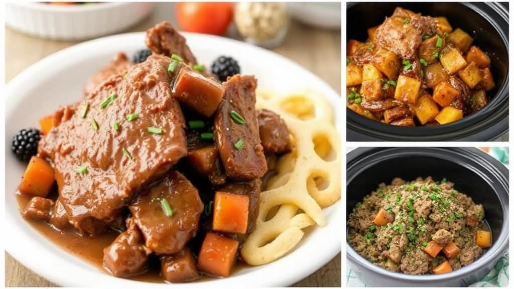 A collage of 5 crockpot roast recipes ingredients.