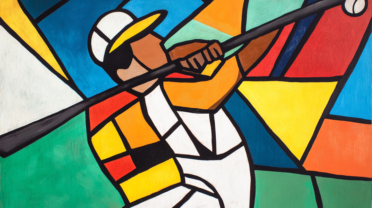 A colorful, bold Picasso-style baseball player batting