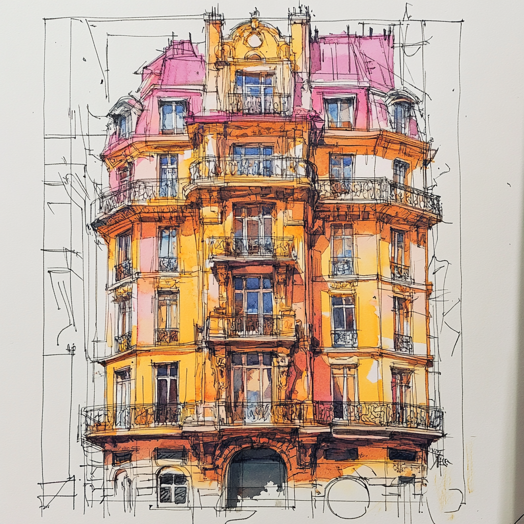 A colorful, detailed sketch of a building in Paris.