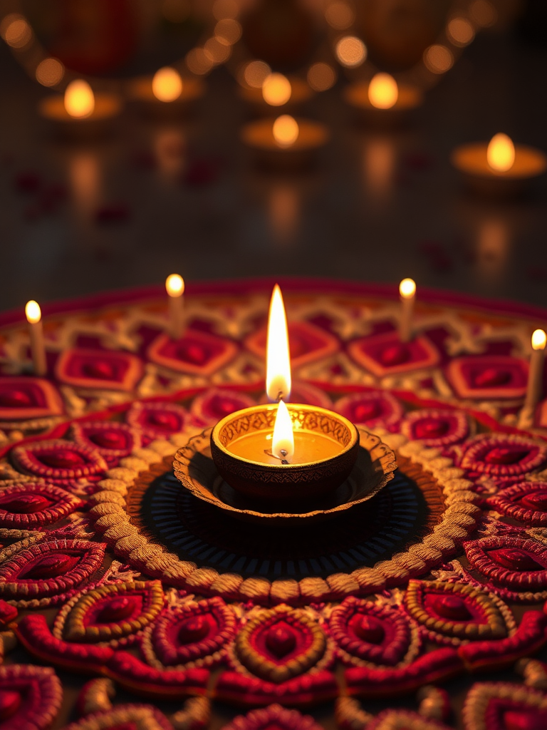 A colorful Diwali lamp in the center.