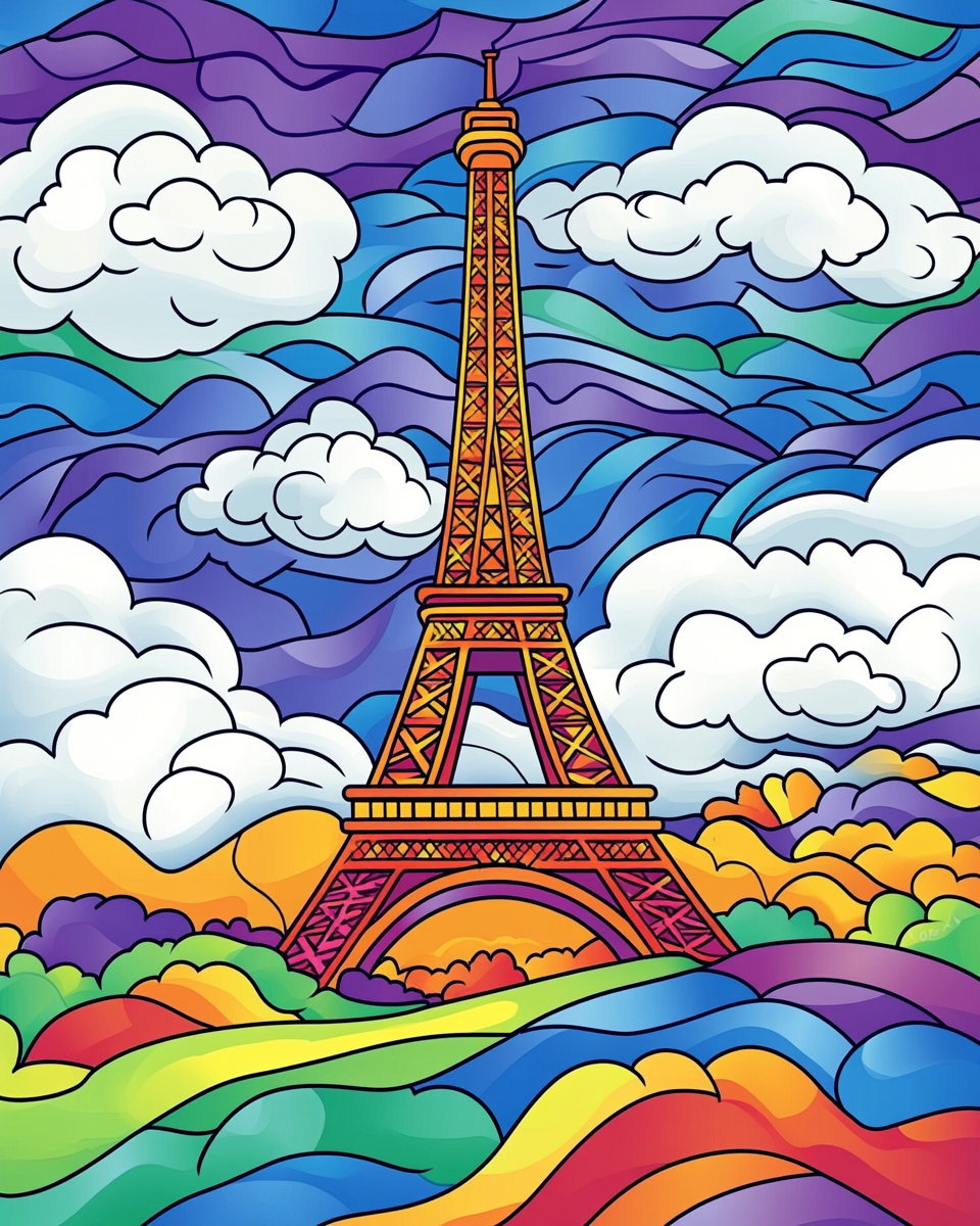 A colorful cartoon Eiffel Tower in Paris scene