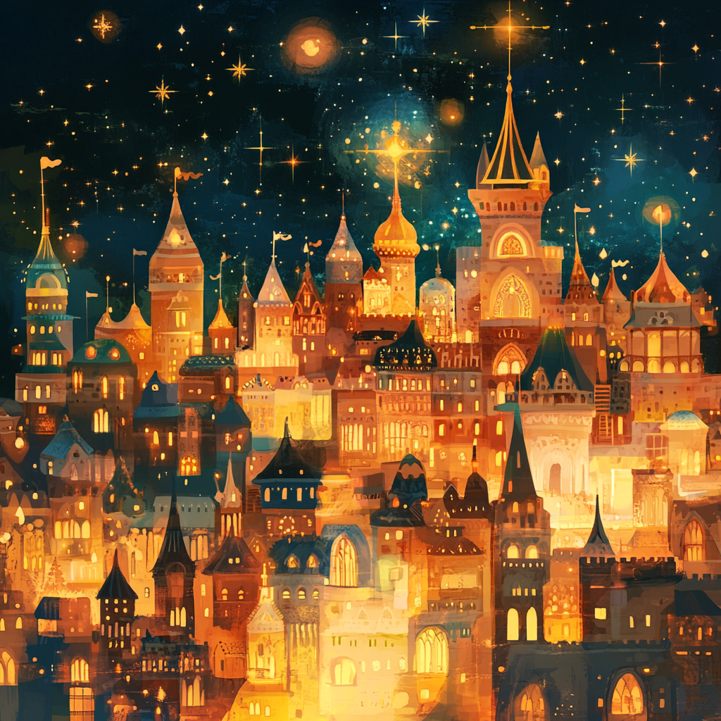 A colorful cartoon city, shining with golden light