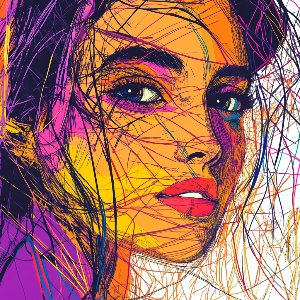 A colorful cartoon drawing of a woman's face