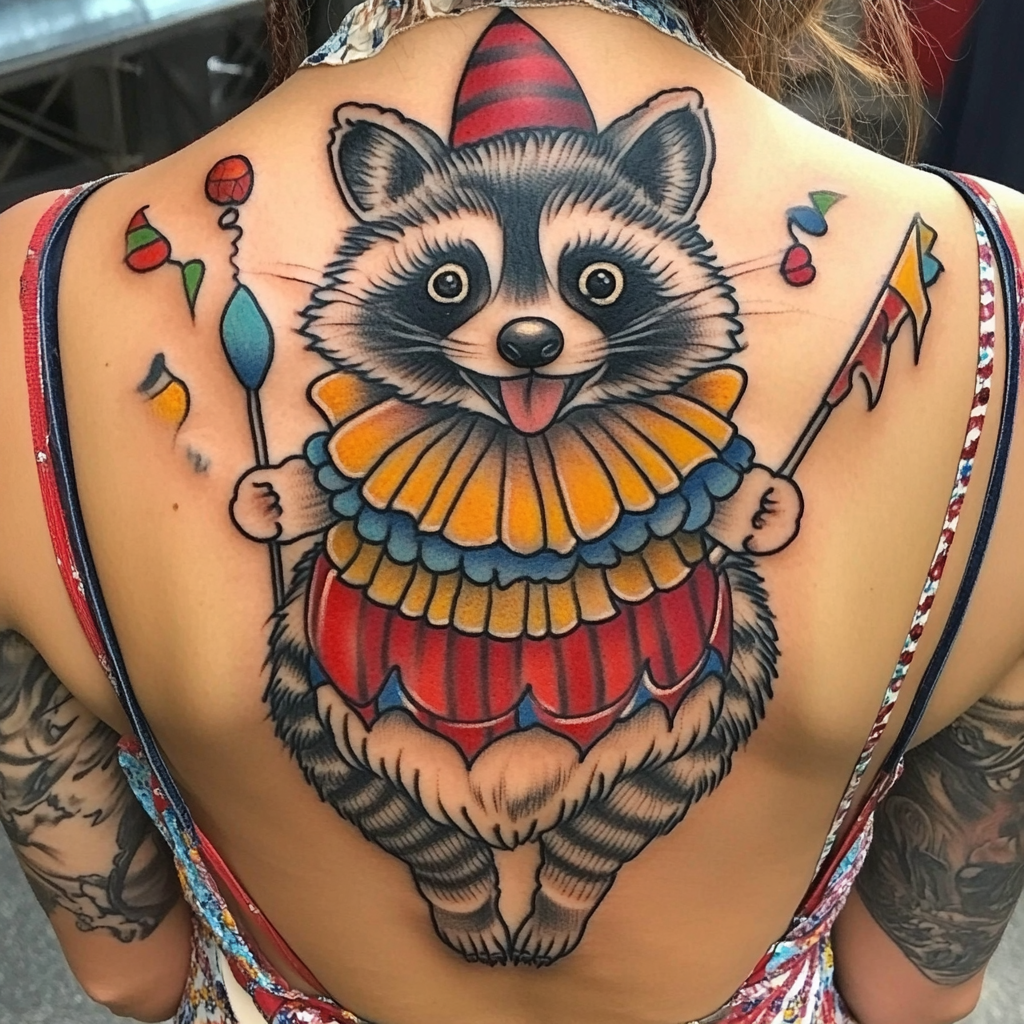 A colorful circus clown raccoon tattoo on shoulder.