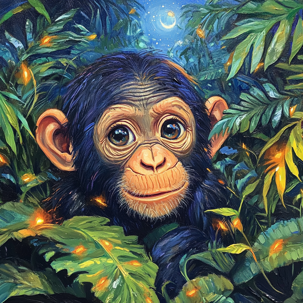 A colorful close-up painting of baby chimpanzee in jungle