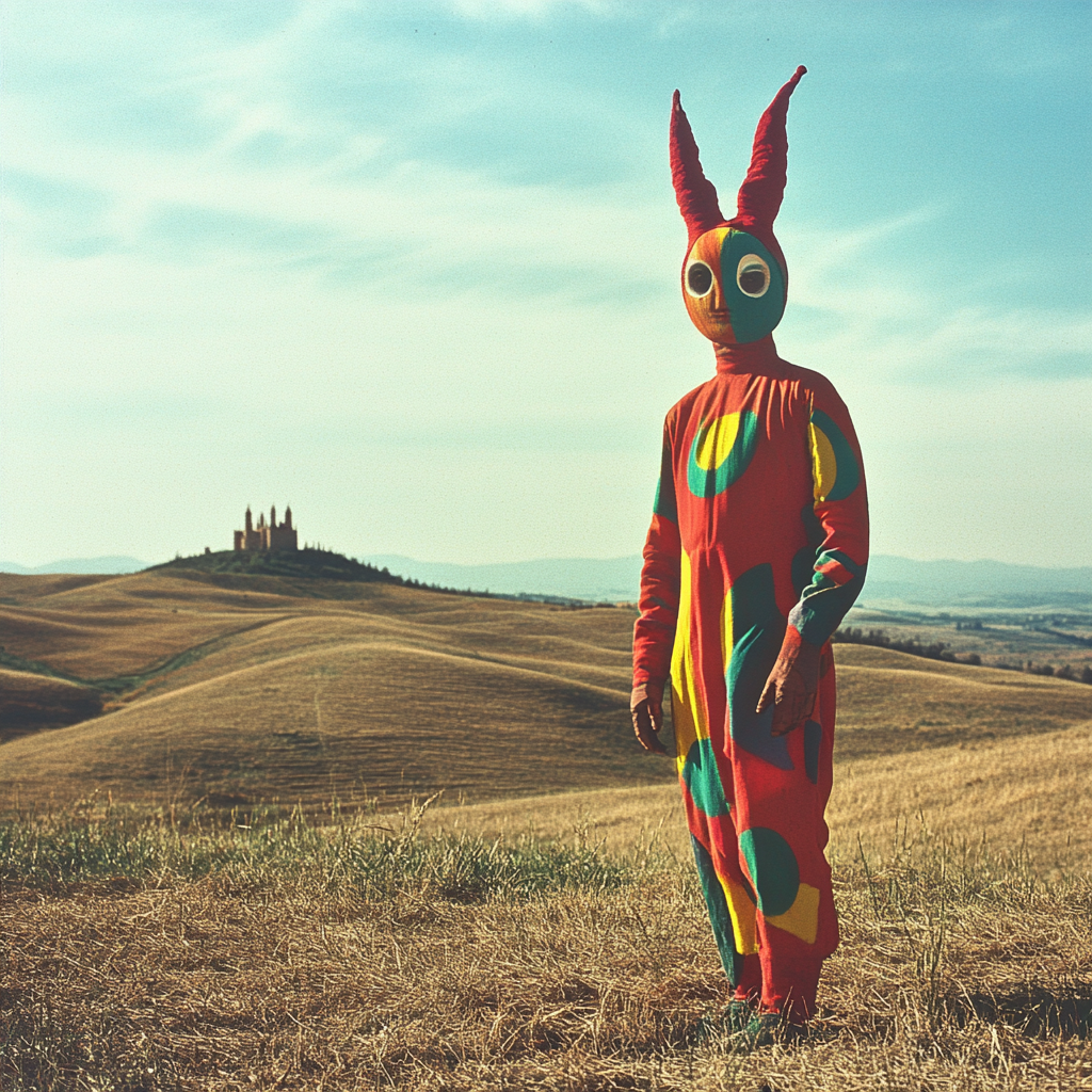 A colorful creature in a surreal castle field