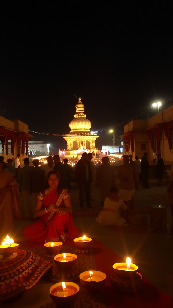 A colorful diwali celebration with fireworks and lights.