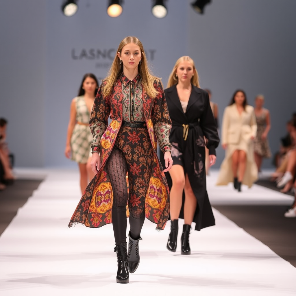 A colorful fashion show runway with models walking.