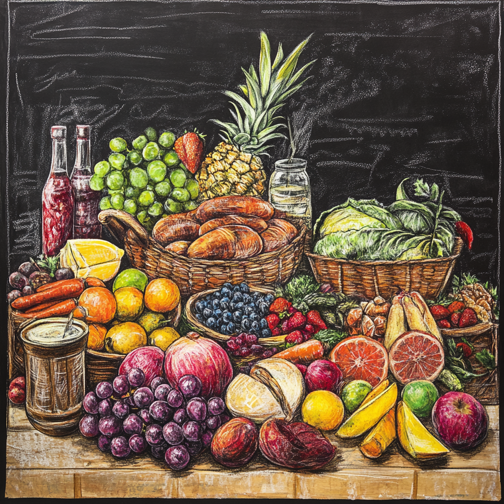 A colorful food table drawn on a chalkboard