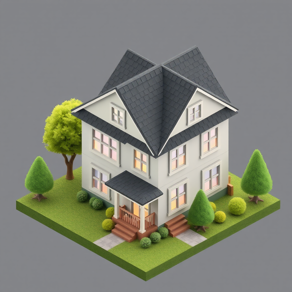 A colorful isometric house in a neighborhood.