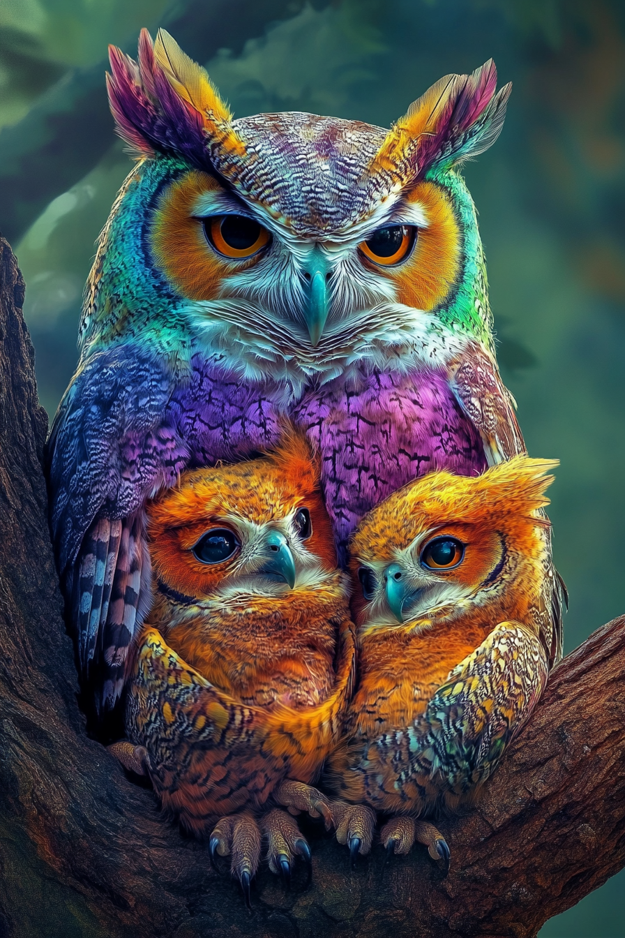 A colorful owl protecting her colorful owl babies.