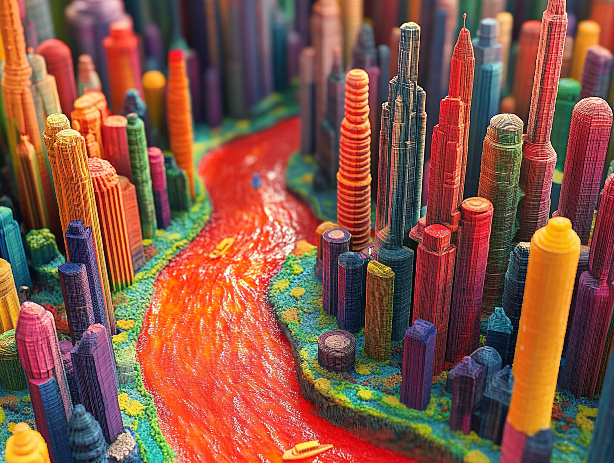 A colorful plastic city with tall towers and river