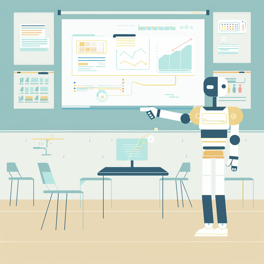 A colorful robot teacher in a classroom