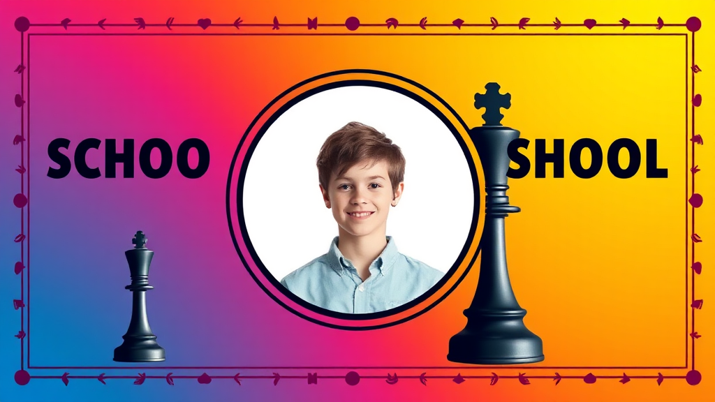 A colorful school banner with chess icon and photo.