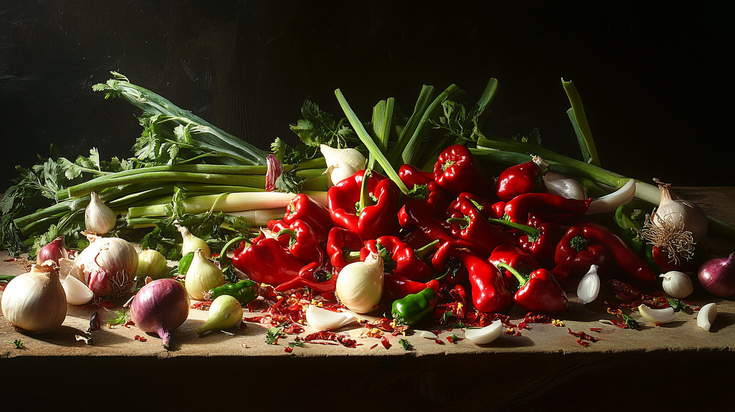 A colorful table with vegetables and garlic