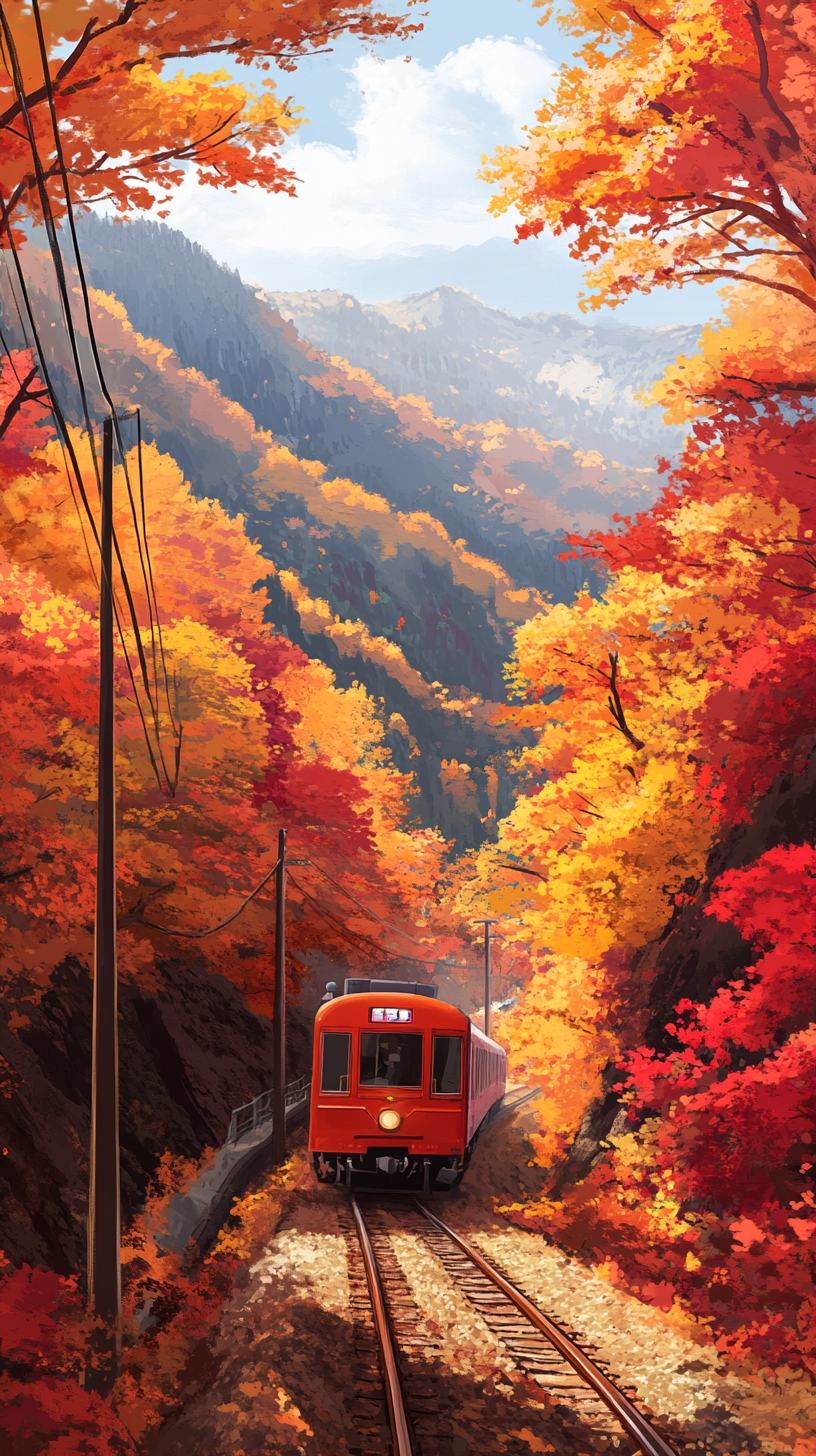 A colorful train travels through autumn mountain landscape