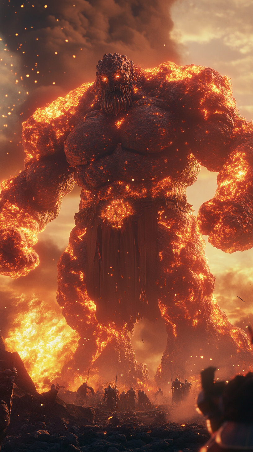 A colossal fire giant dominates an epic battlefield