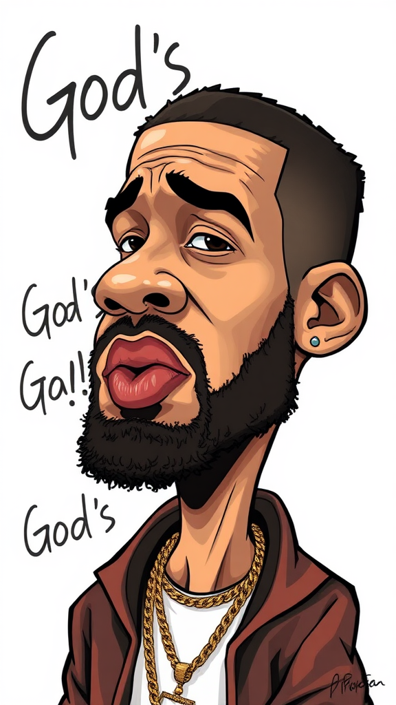 A comical drawing of Drake with God's Plan slogan.