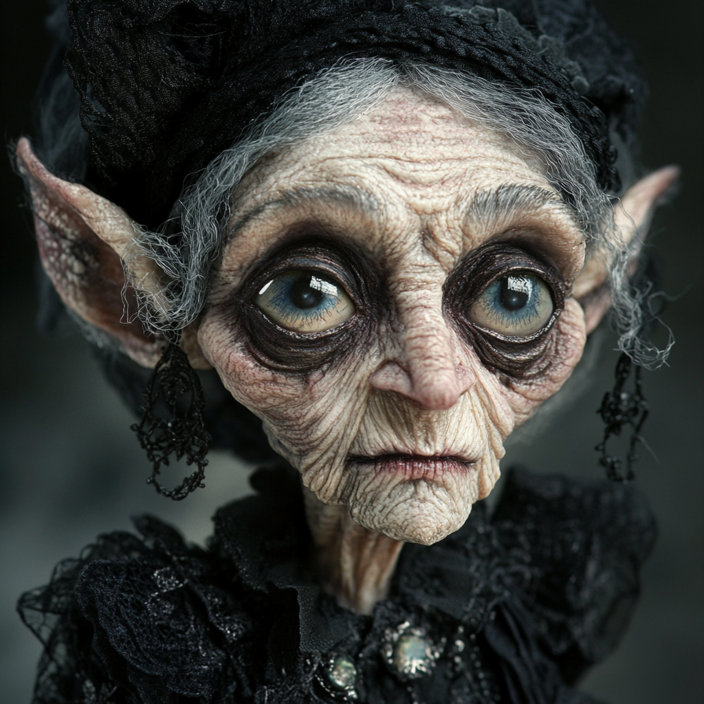 A confident elderly dark fairy in Victorian attire