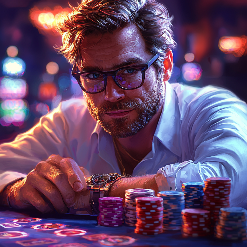 A confident man at poker table with chips.