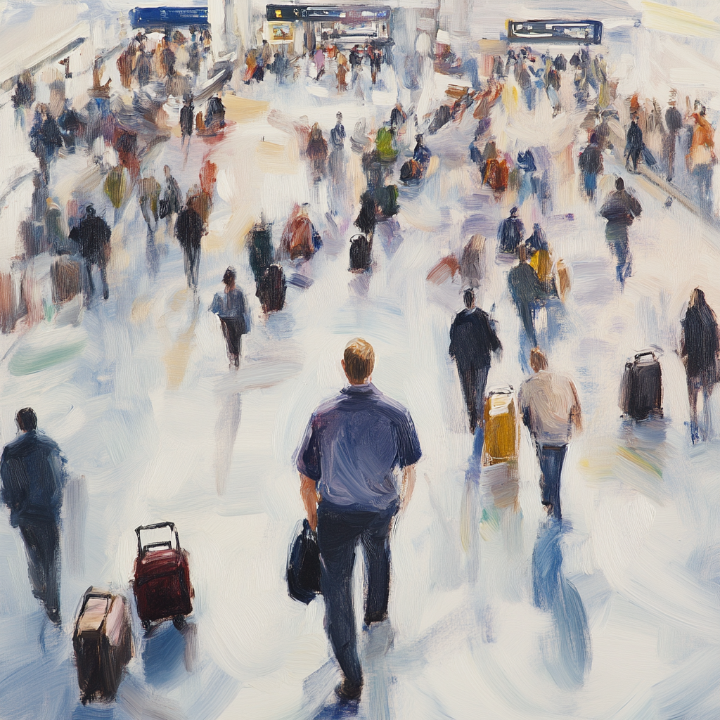 A confident man walks through crowded airport