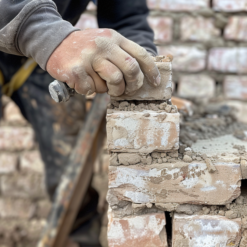 A construction worker placing brick on wall