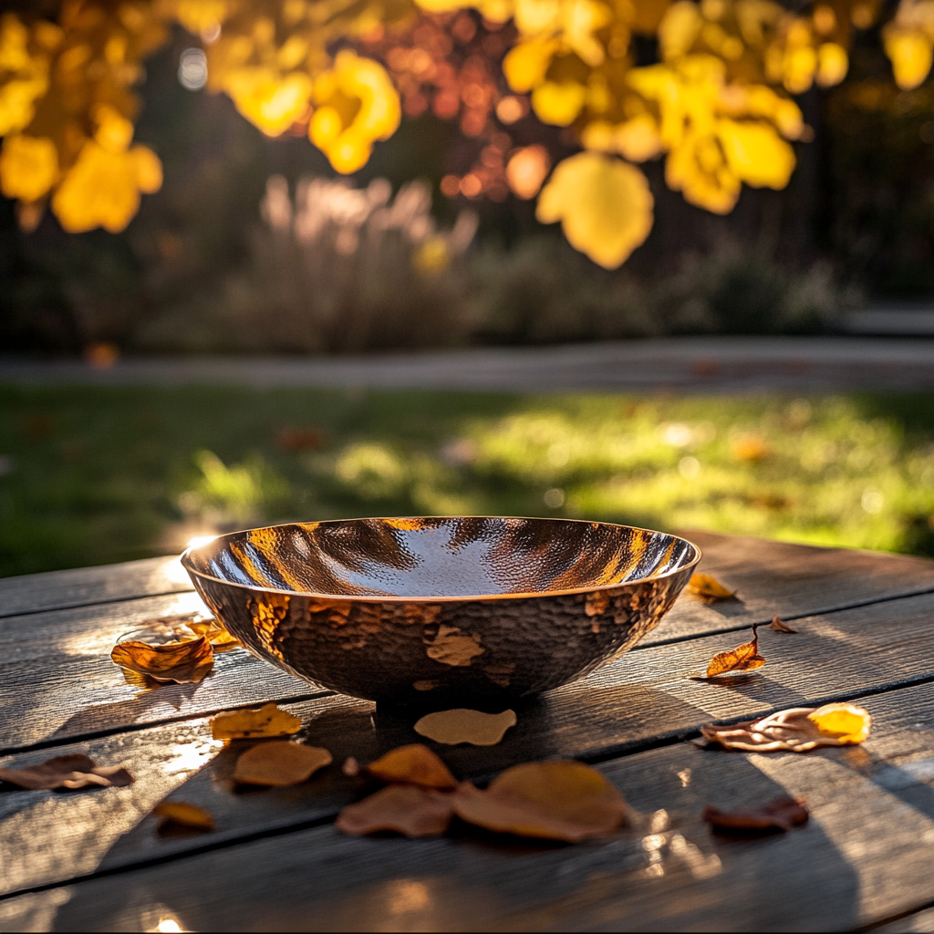 A copper pan with a matte effect in the evening light on a terrace