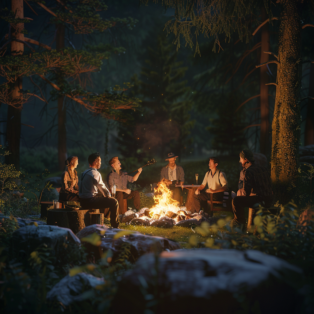 A corporate team around cozy forest bonfire