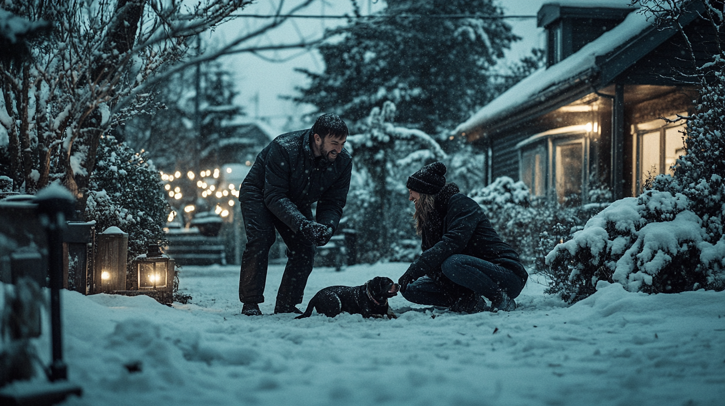 A couple finds their dogs in snowy garden.