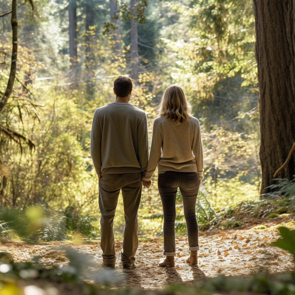 A couple in forest admiring nature together