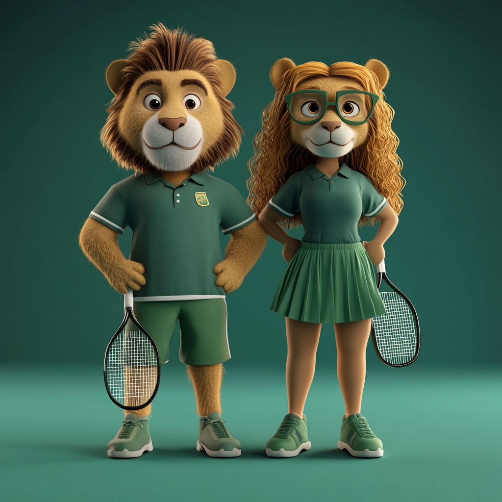 A couple of lions play doubles tennis.