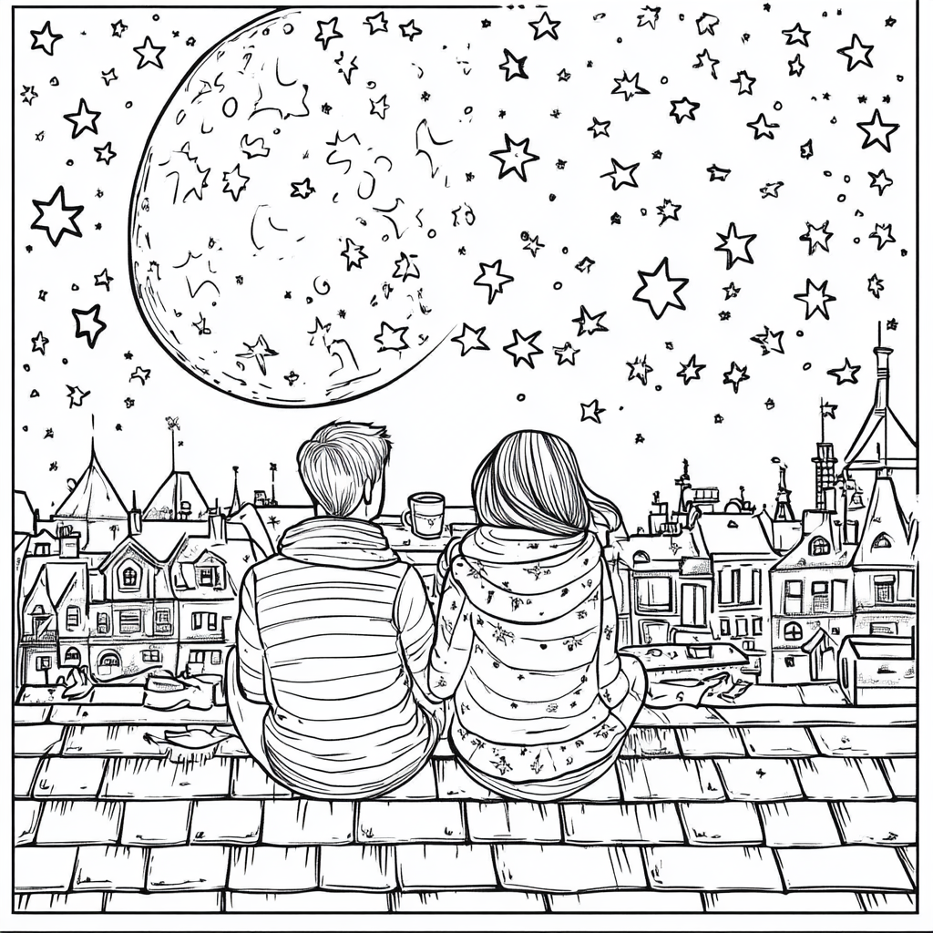 A couple sits on roof under stars, coloring book