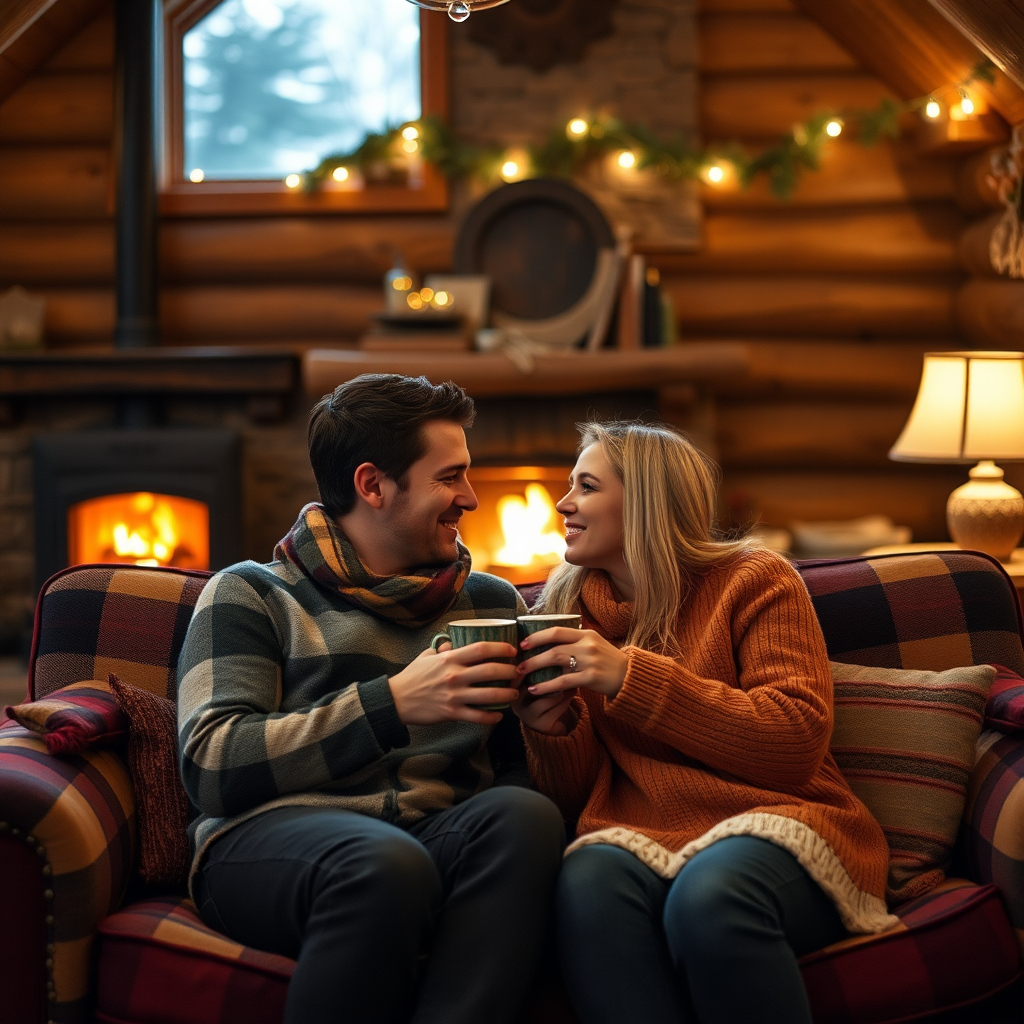 A couple sitting in cozy rustic cabin.