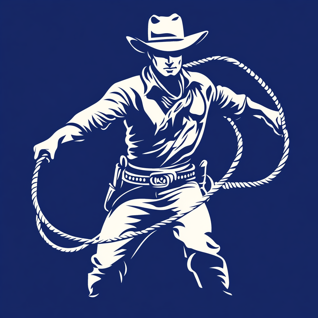 A cowboy with lasso and hat on logo