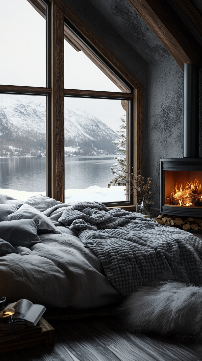 A cozy, modern bedroom with snowy fjord view.