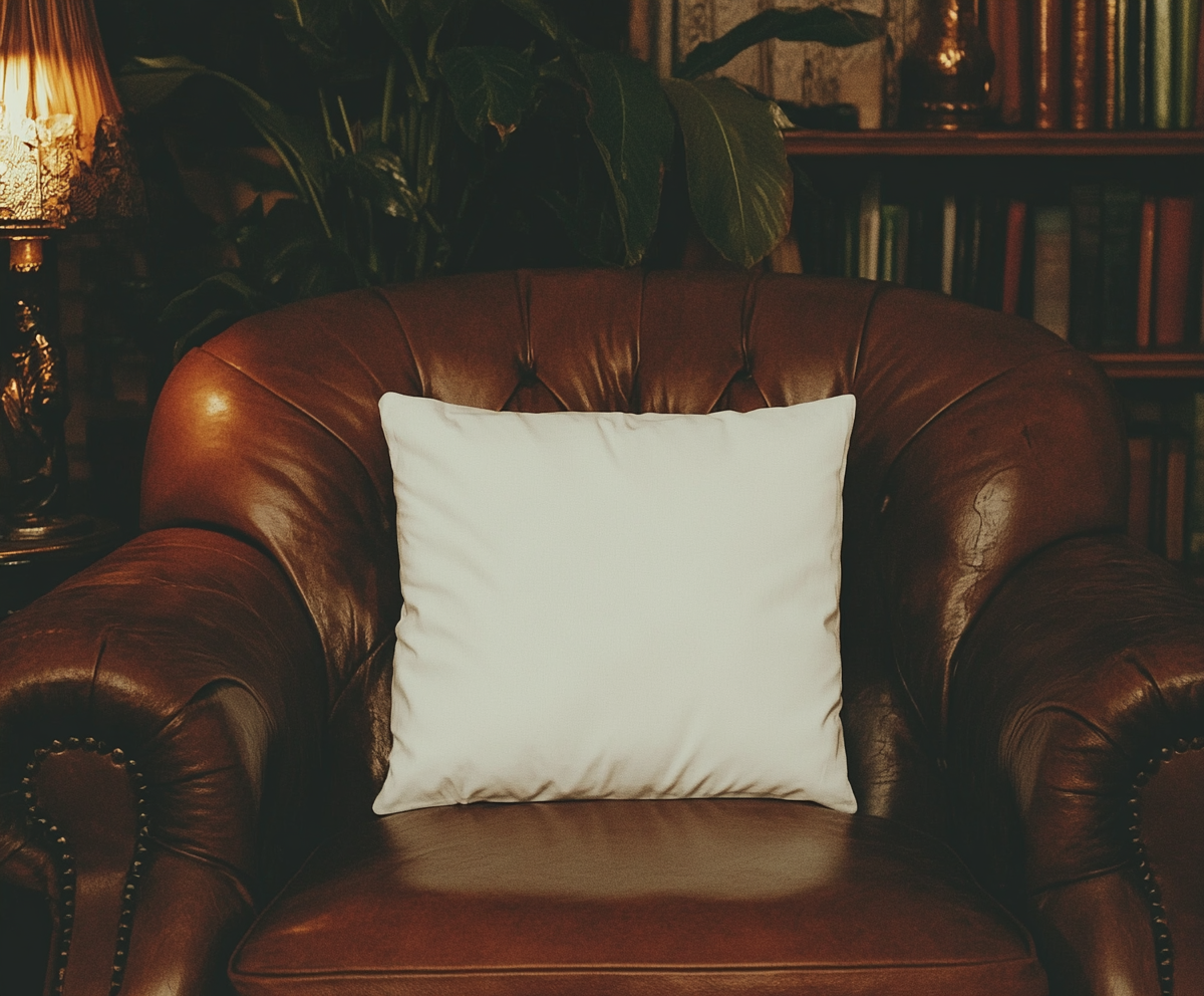 A cozy Christmas pillow on leather couch.