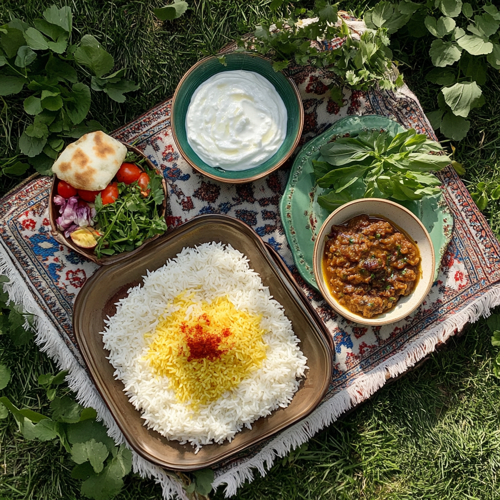 A cozy Iranian lunch table on green lawn