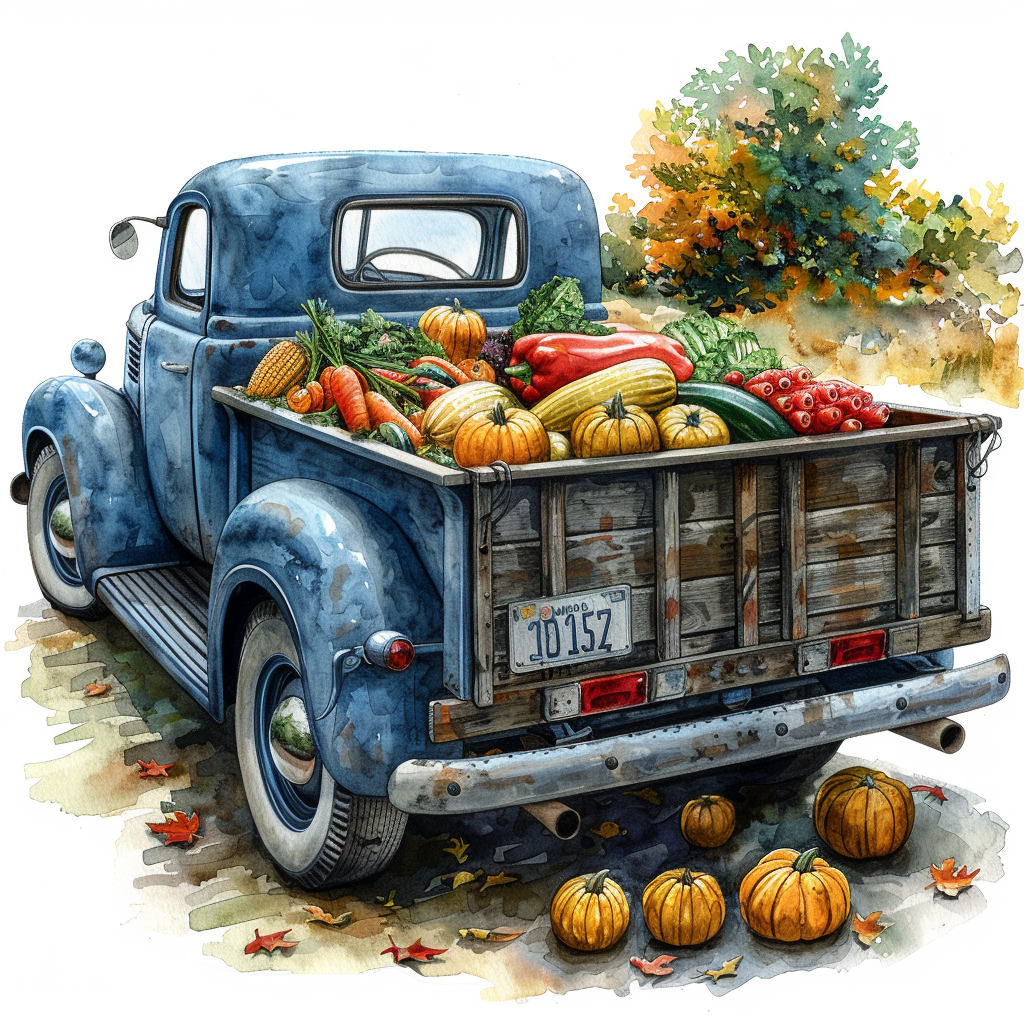 A cozy Thanksgiving scene with a vintage truck.