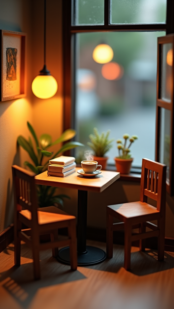 A cozy coffee shop corner with books and coffee.