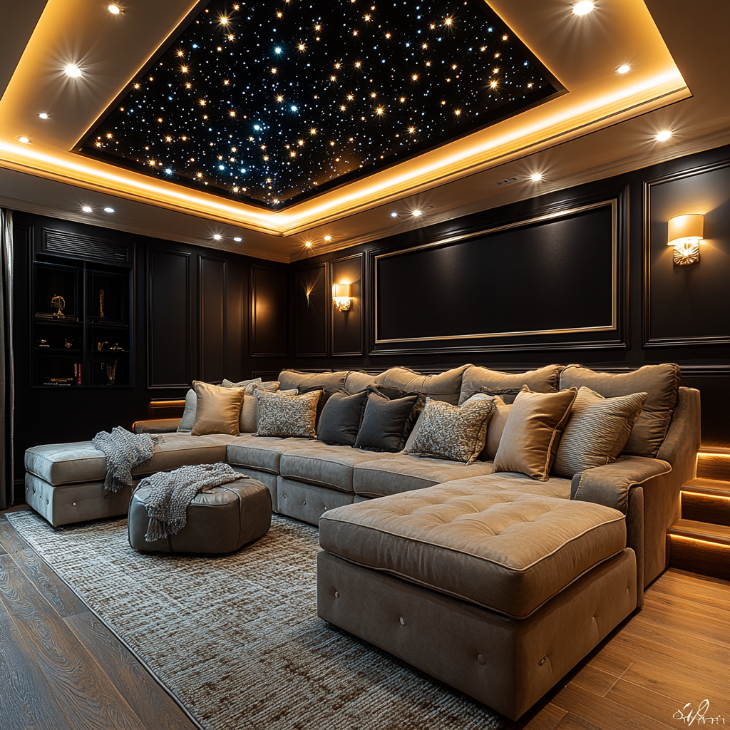 A cozy home theater with projector, star ceiling